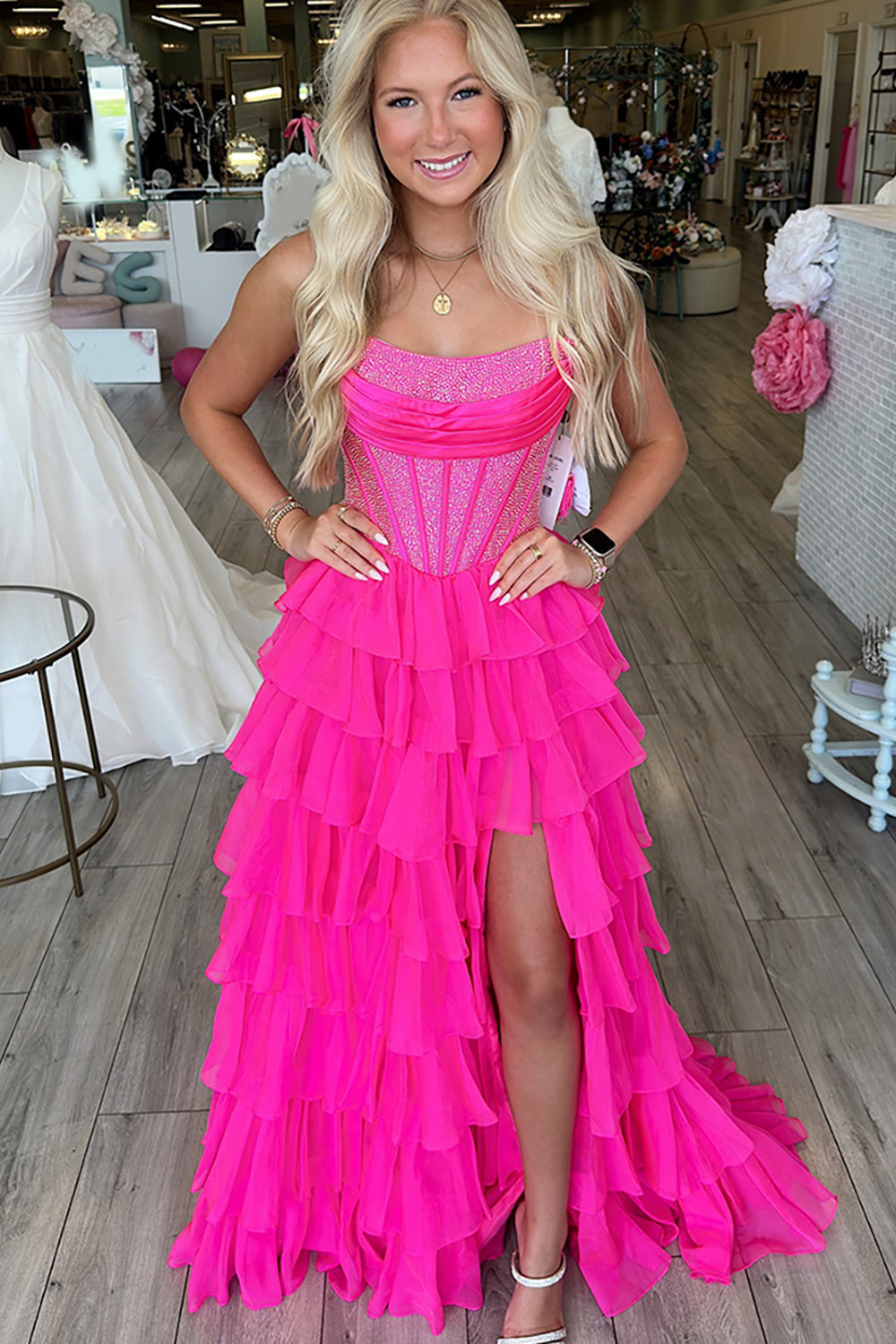 Strapless Sleeveless Tiered Chiffon A-Line Prom Dress Floor Length
