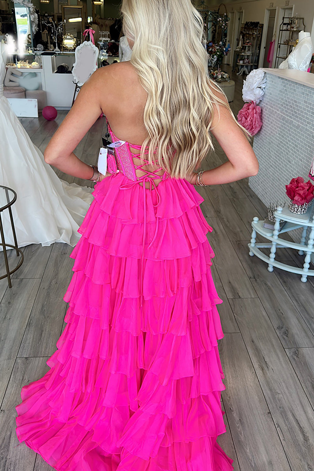 Strapless Sleeveless Tiered Chiffon A-Line Prom Dress Floor Length