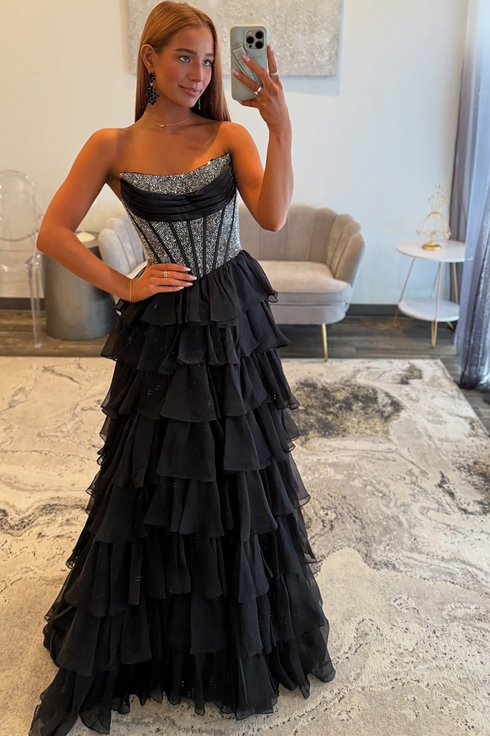 Strapless Sleeveless Tiered Chiffon A-Line Prom Dress Floor Length