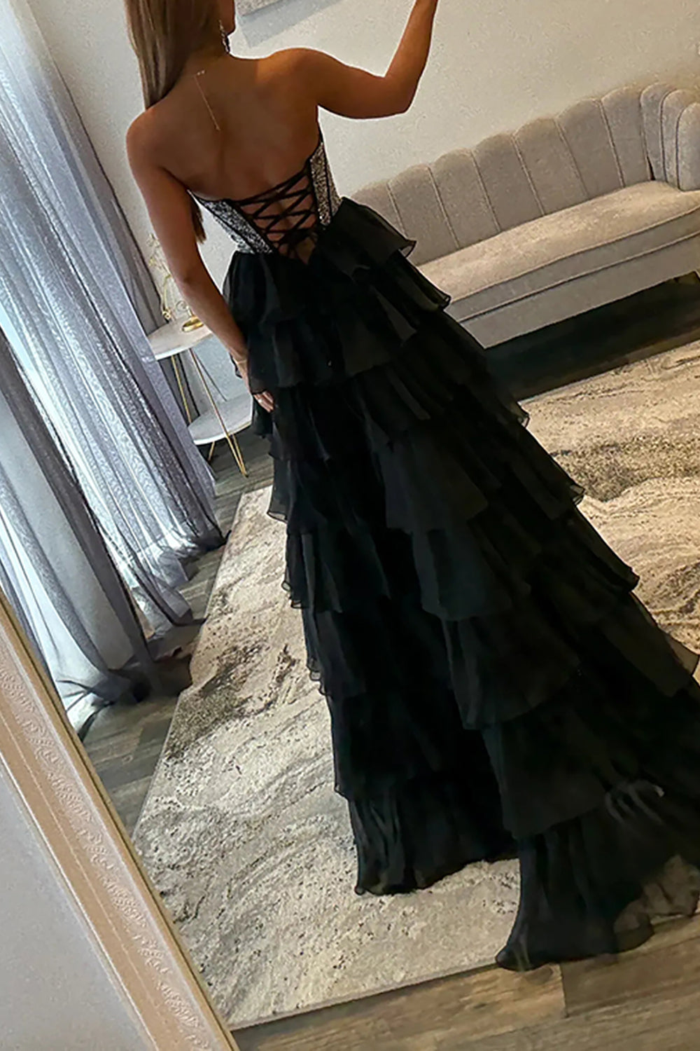 Strapless Sleeveless Tiered Chiffon A-Line Prom Dress Floor Length