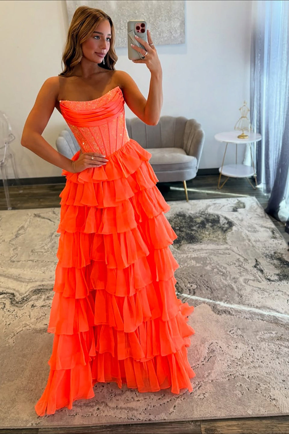 Strapless Sleeveless Tiered Chiffon A-Line Prom Dress Floor Length