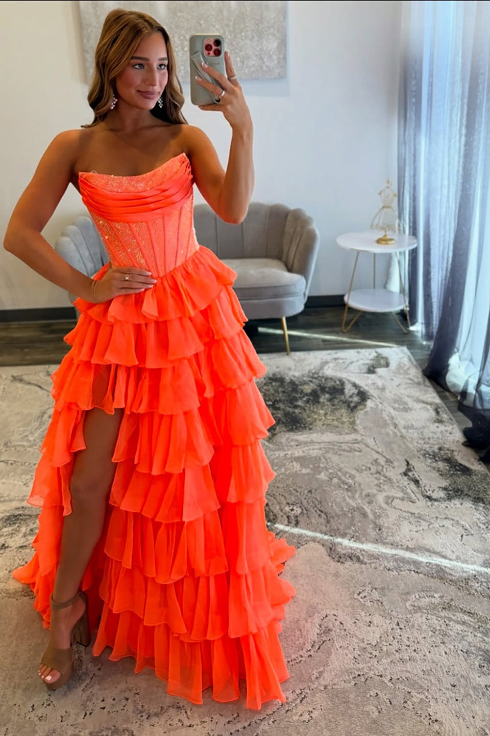 Strapless Sleeveless Tiered Chiffon A-Line Prom Dress Floor Length