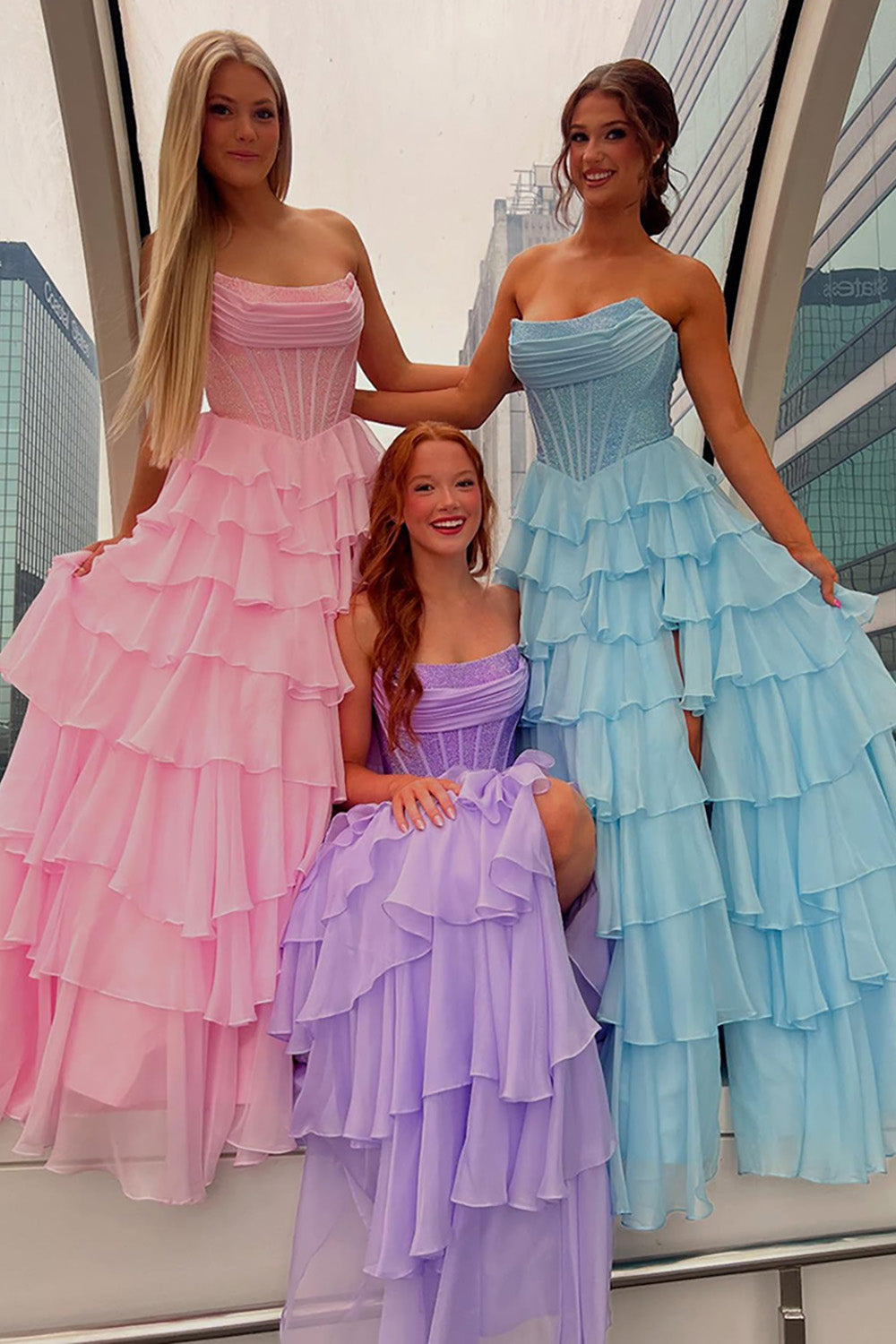 Strapless Sleeveless Tiered Chiffon A-Line Prom Dress Floor Length