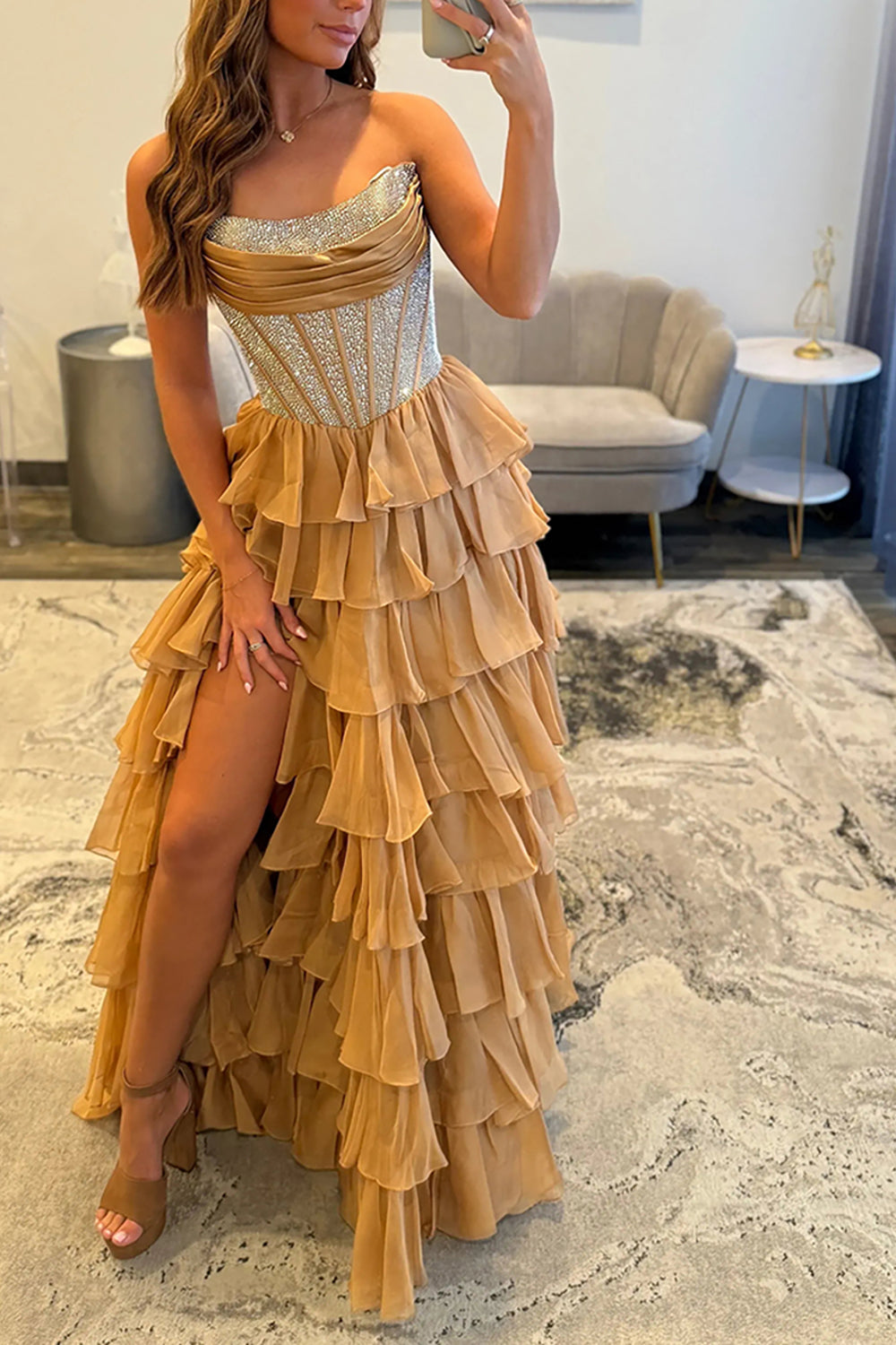 Strapless Sleeveless Tiered Chiffon A-Line Prom Dress Floor Length