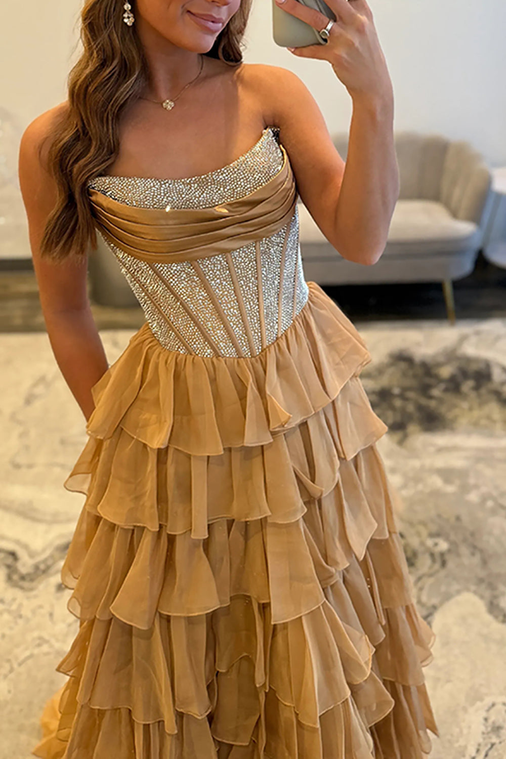 Strapless Sleeveless Tiered Chiffon A-Line Prom Dress Floor Length