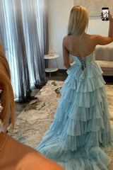Strapless Sleeveless Tiered Chiffon A-Line Prom Dress Floor Length