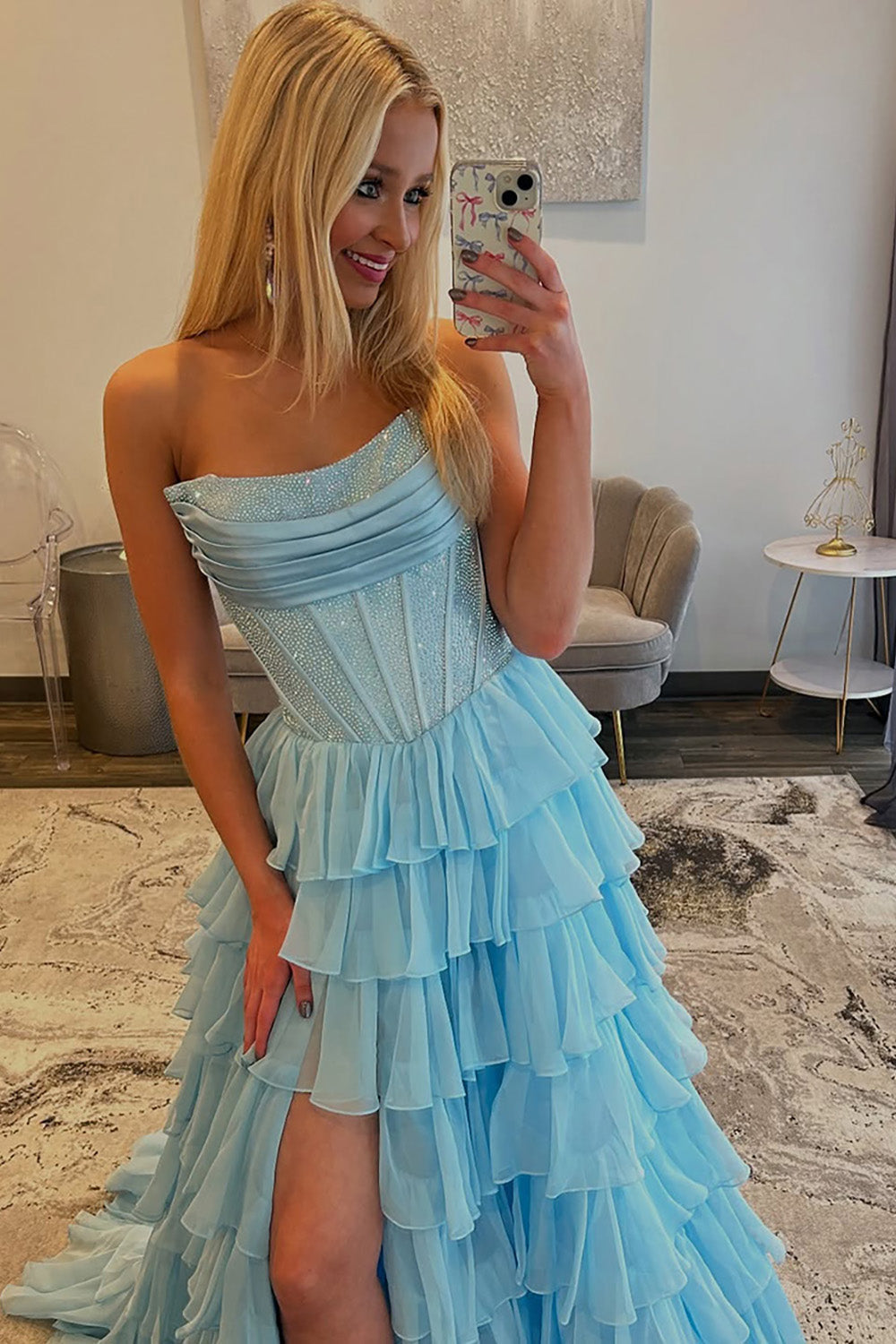 Strapless Sleeveless Tiered Chiffon A-Line Prom Dress Floor Length