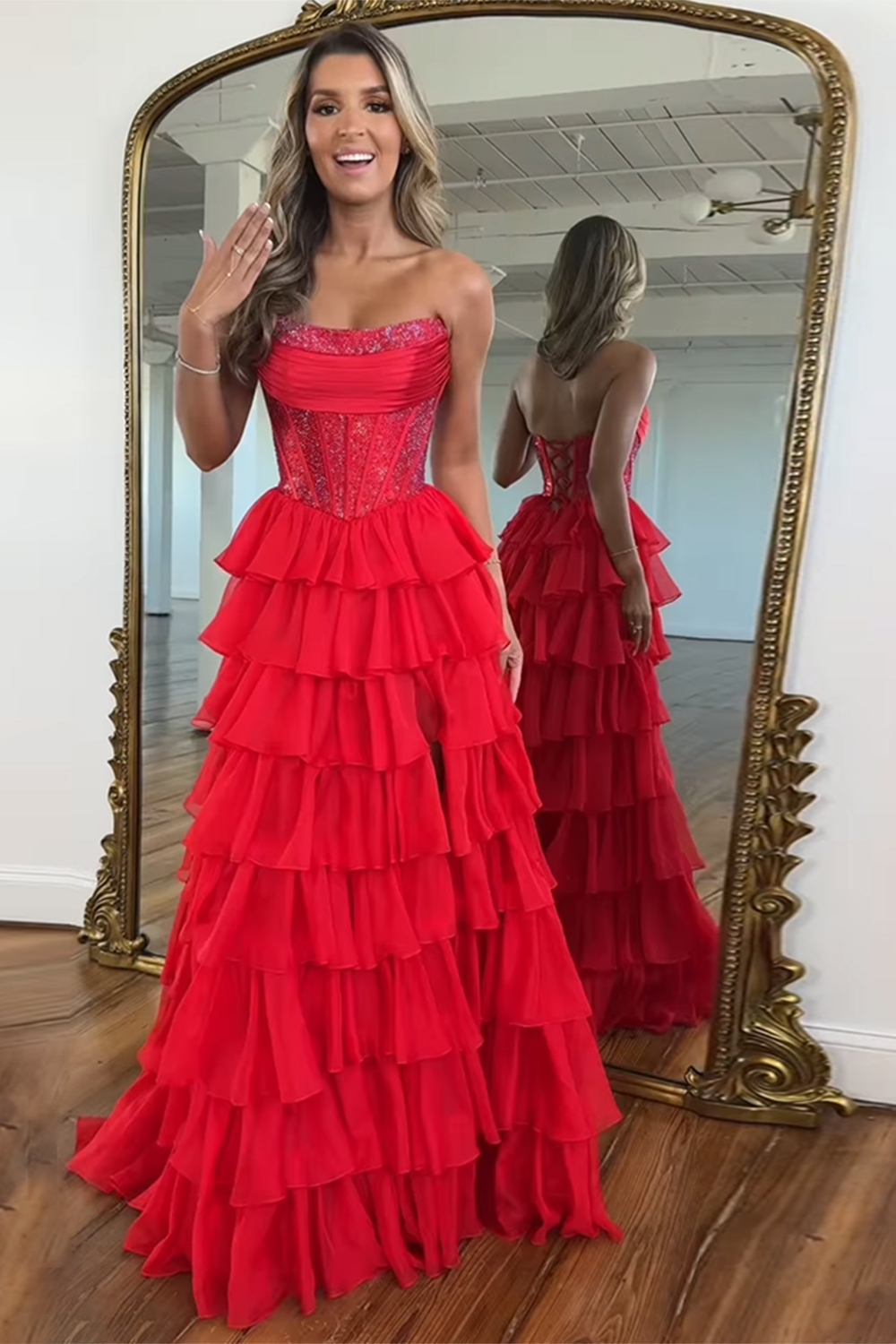 Strapless Sleeveless Tiered Chiffon A-Line Prom Dress Floor Length