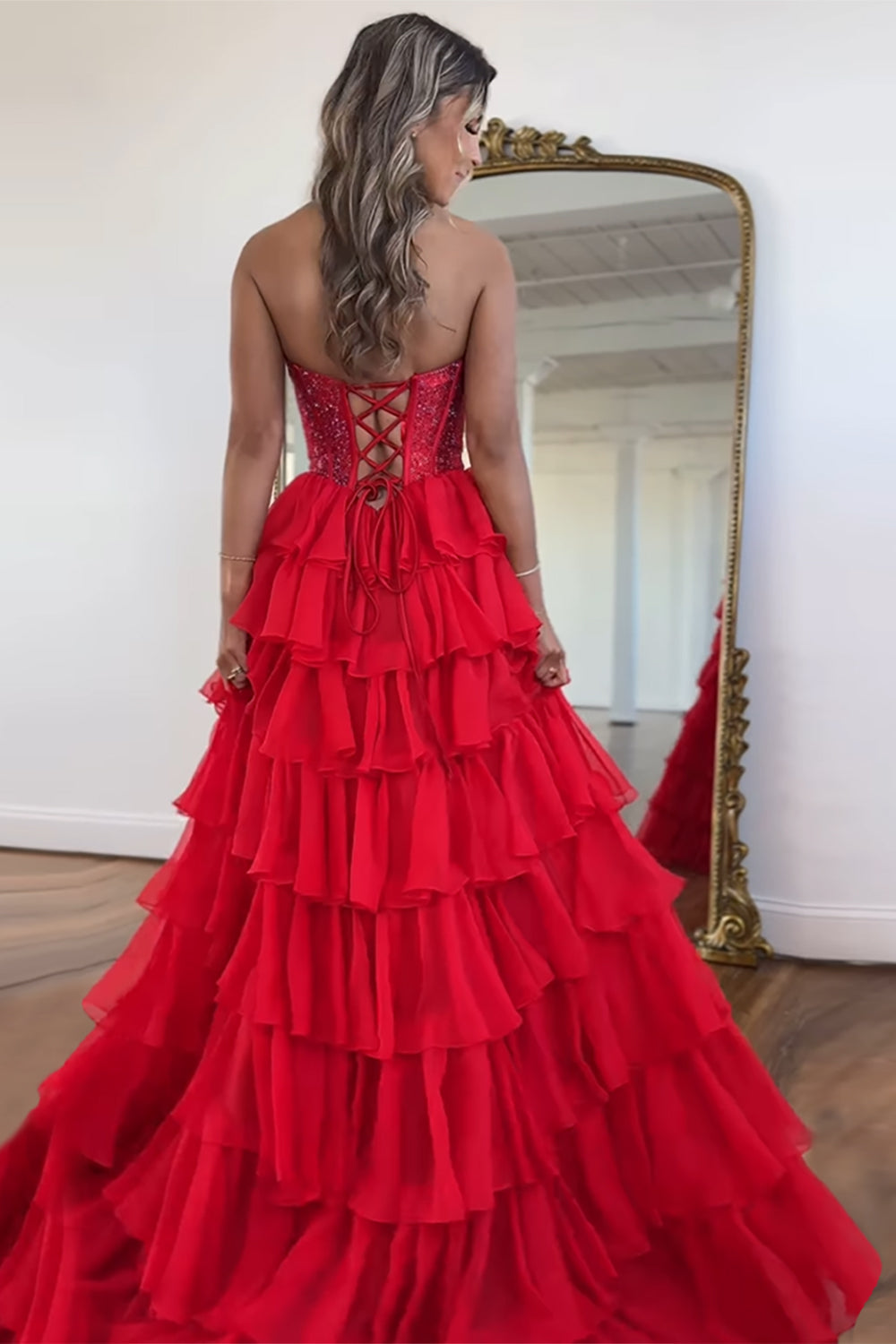 Strapless Sleeveless Tiered Chiffon A-Line Prom Dress Floor Length