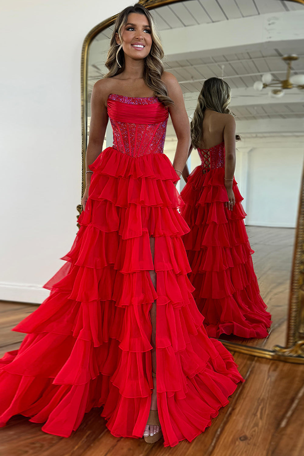 Strapless Sleeveless Tiered Chiffon A-Line Prom Dress Floor Length