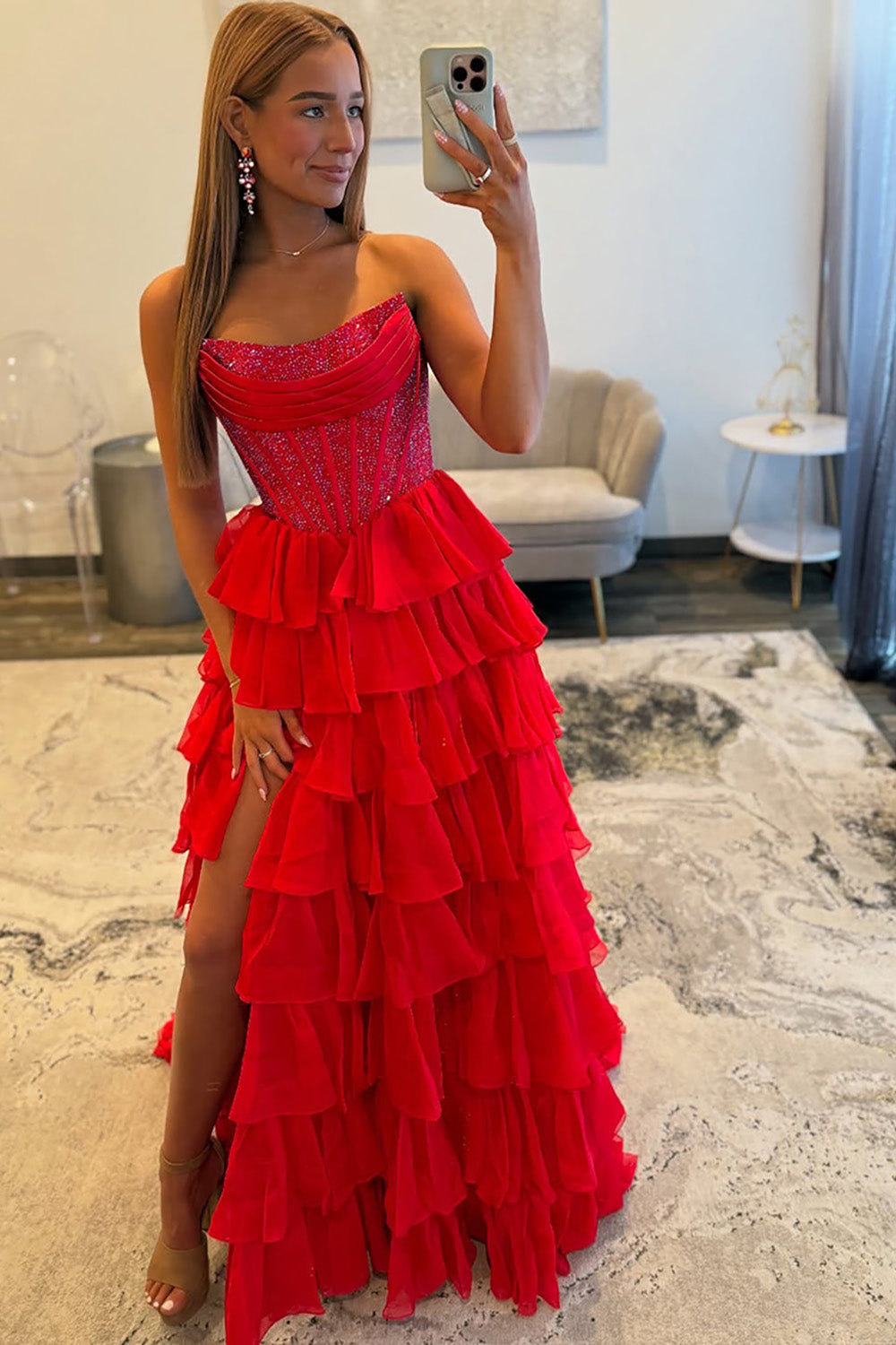 Strapless Sleeveless Tiered Chiffon A-Line Prom Dress Floor Length