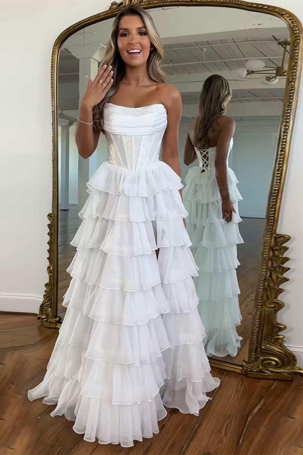 Strapless Sleeveless Tiered Chiffon A-Line Prom Dress Floor Length