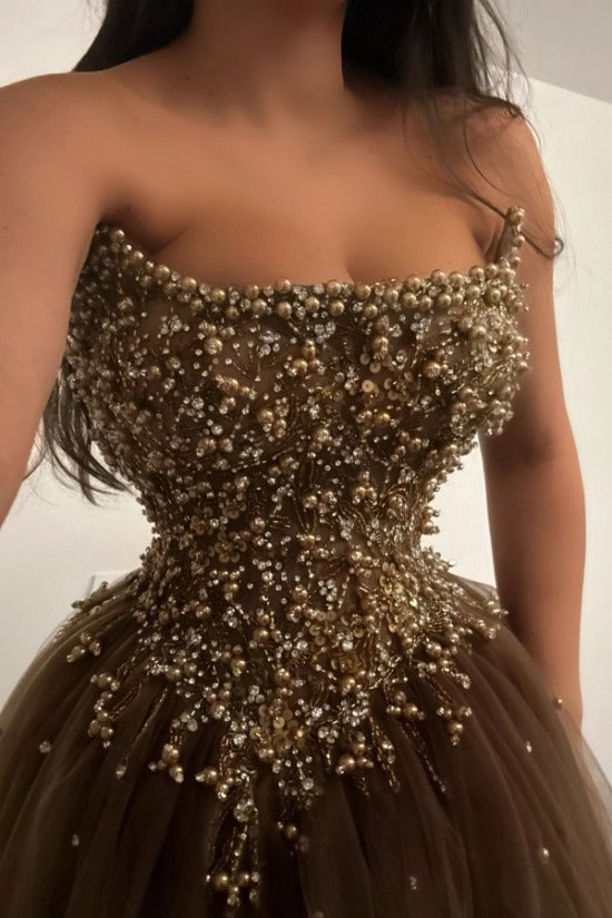 Strapless Straight Neck Gold Pearl Crystal Branch Vine 3D Sculptural Beaded Corset Starry Tulle A-Line Ball Gown Evening Dress