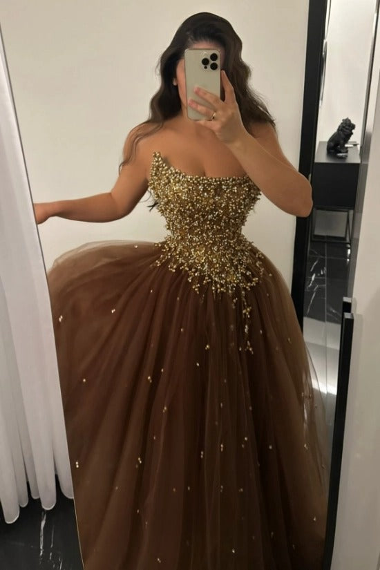 Strapless Straight Neck Gold Pearl Crystal Branch Vine 3D Sculptural Beaded Corset Starry Tulle A-Line Ball Gown Evening Dress