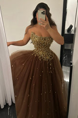 Strapless Straight Neck Gold Pearl Crystal Branch Vine 3D Sculptural Beaded Corset Starry Tulle A-Line Ball Gown Evening Dress