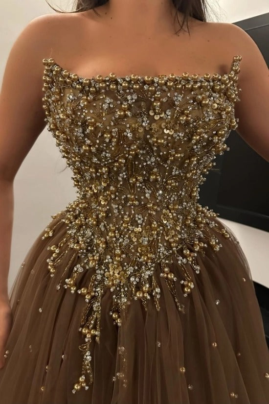 Strapless Straight Neck Gold Pearl Crystal Branch Vine 3D Sculptural Beaded Corset Starry Tulle A-Line Ball Gown Evening Dress