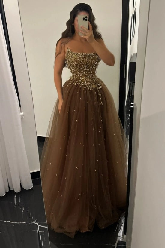 Strapless Straight Neck Gold Pearl Crystal Branch Vine 3D Sculptural Beaded Corset Starry Tulle A-Line Ball Gown Evening Dress