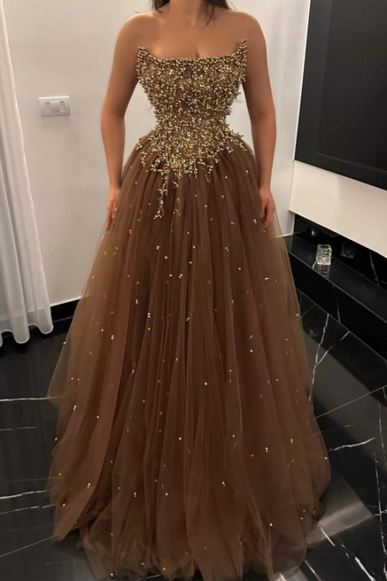 Strapless Straight Neck Gold Pearl Crystal Branch Vine 3D Sculptural Beaded Corset Starry Tulle A-Line Ball Gown Evening Dress