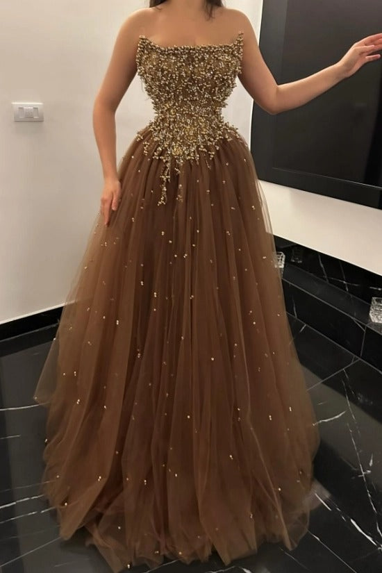Strapless Straight Neck Gold Pearl Crystal Branch Vine 3D Sculptural Beaded Corset Starry Tulle A-Line Ball Gown Evening Dress