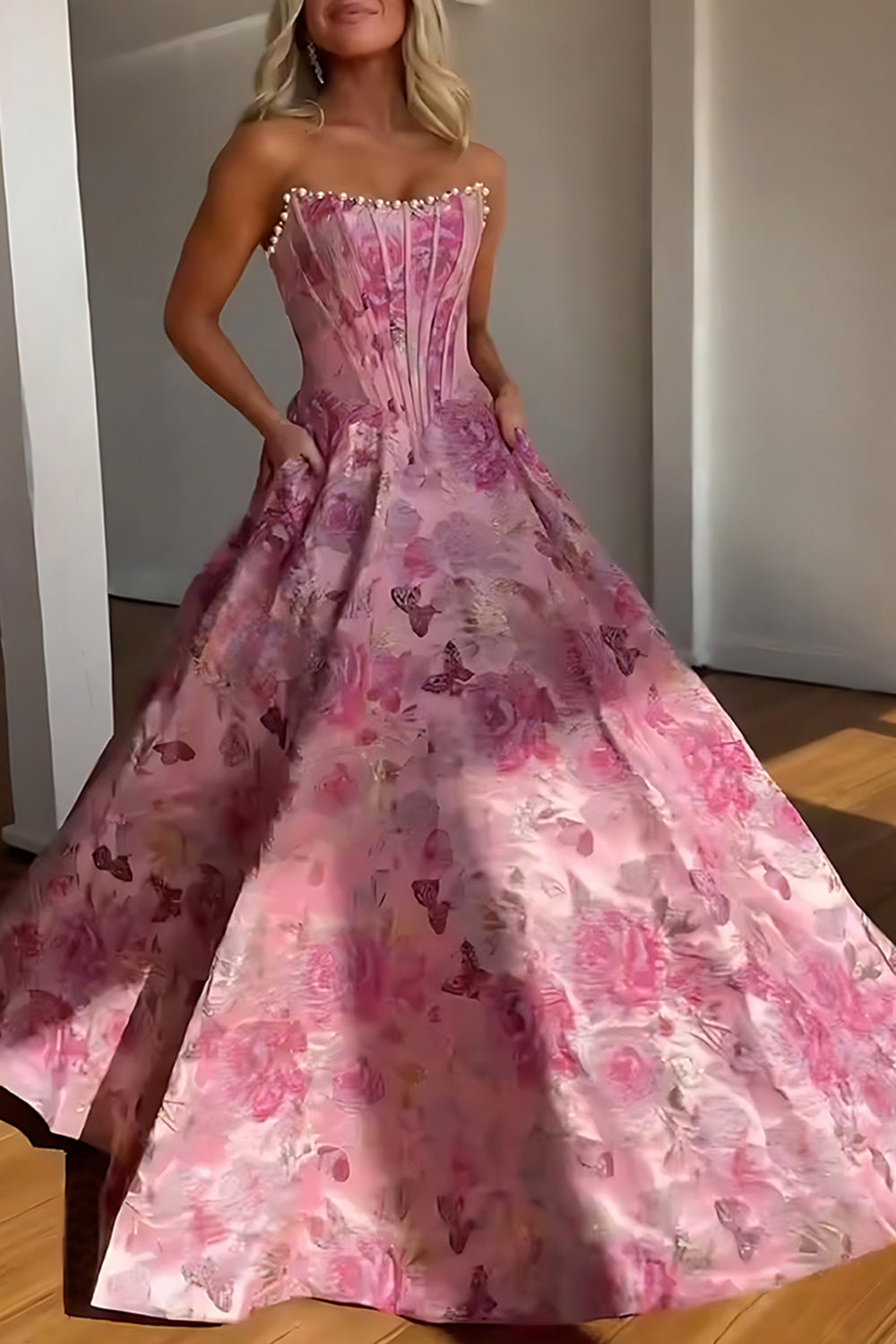 Strapless Sweetheart Beading Floral Jacquard Ball Gown Prom Dress Floor Length