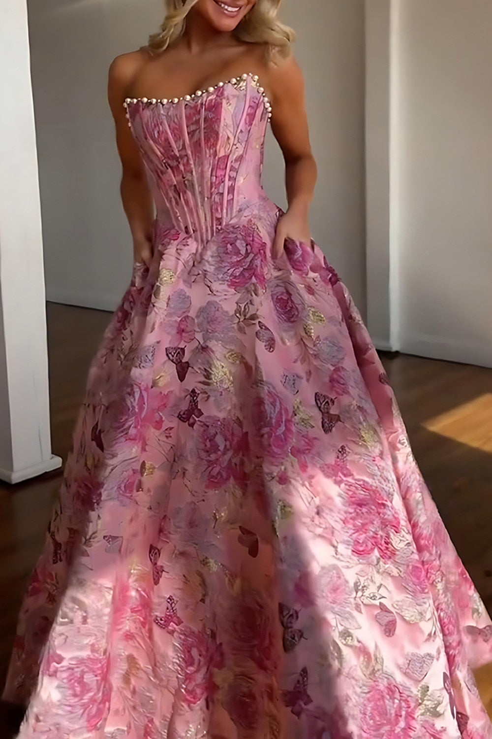 Strapless Sweetheart Beading Floral Jacquard Ball Gown Prom Dress Floor Length