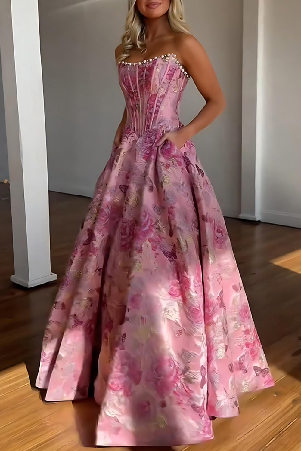 Strapless Sweetheart Beading Floral Jacquard Ball Gown Prom Dress Floor Length