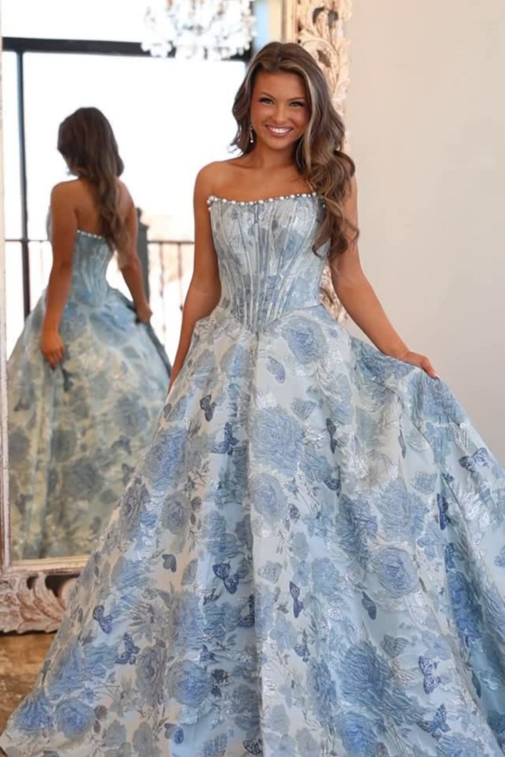 Strapless Sweetheart Beading Floral Jacquard Ball Gown Prom Dress Floor Length