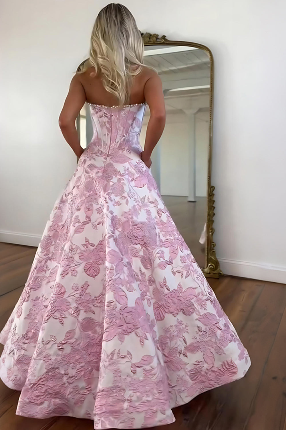 Strapless Sweetheart Beading Floral Jacquard Ball Gown Prom Dress Floor Length