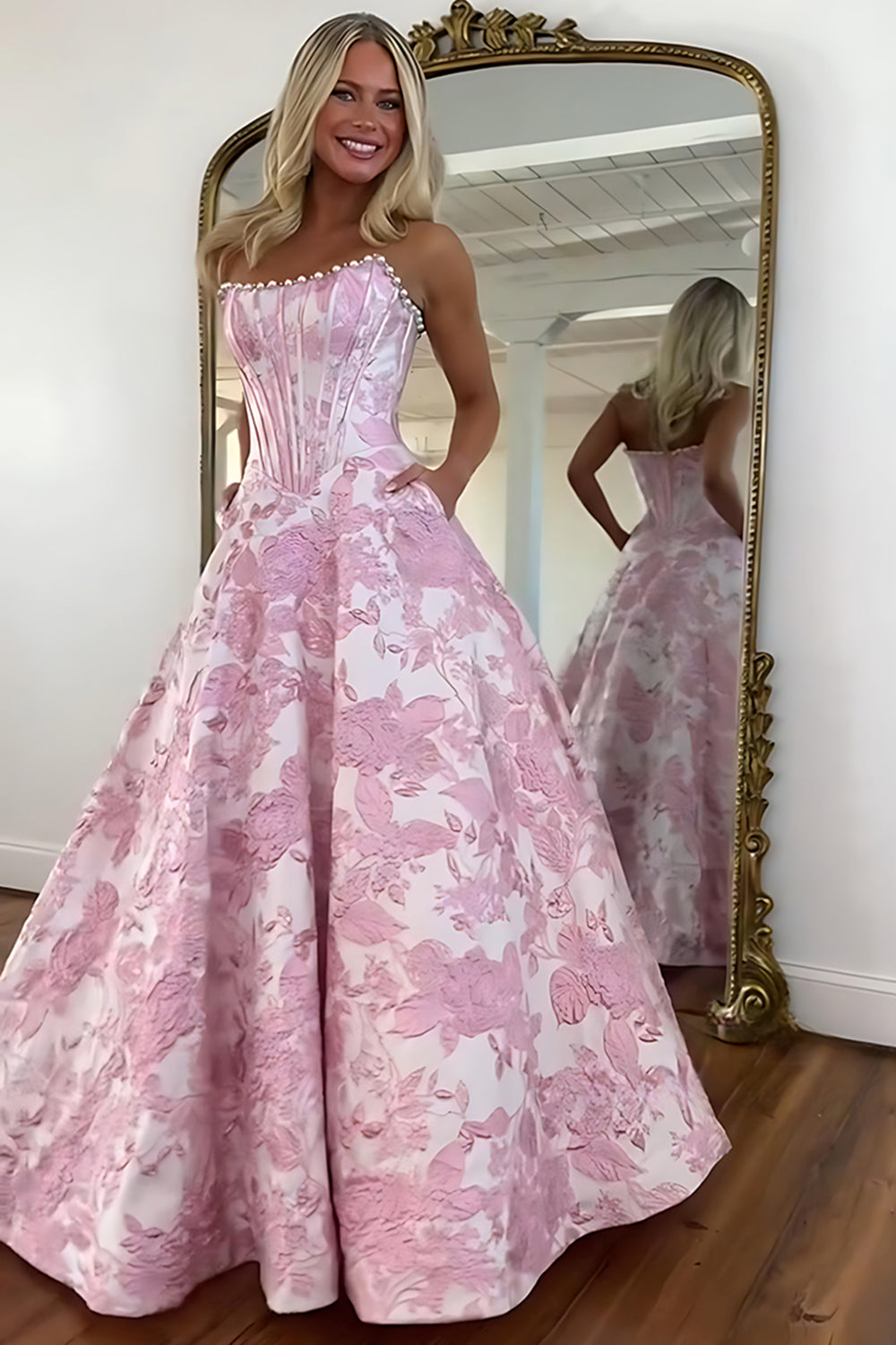 Strapless Sweetheart Beading Floral Jacquard Ball Gown Prom Dress Floor Length