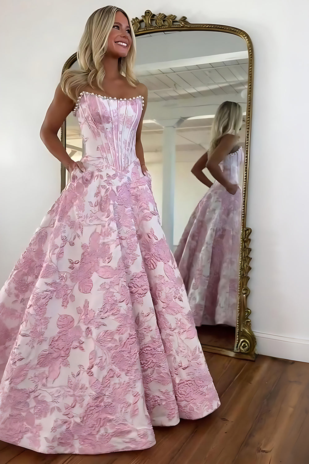 Strapless Sweetheart Beading Floral Jacquard Ball Gown Prom Dress Floor Length