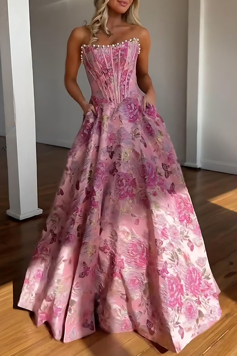 Strapless Sweetheart Beading Floral Jacquard Ball Gown Prom Dress Floor Length