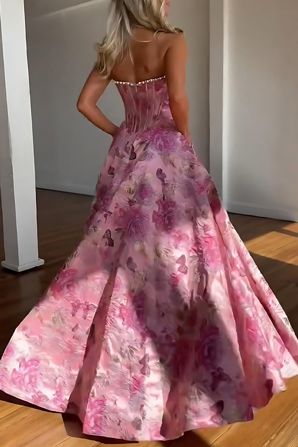 Strapless Sweetheart Beading Floral Jacquard Ball Gown Prom Dress Floor Length