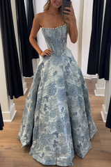Strapless Sweetheart Beading Floral Jacquard Ball Gown Prom Dress Floor Length