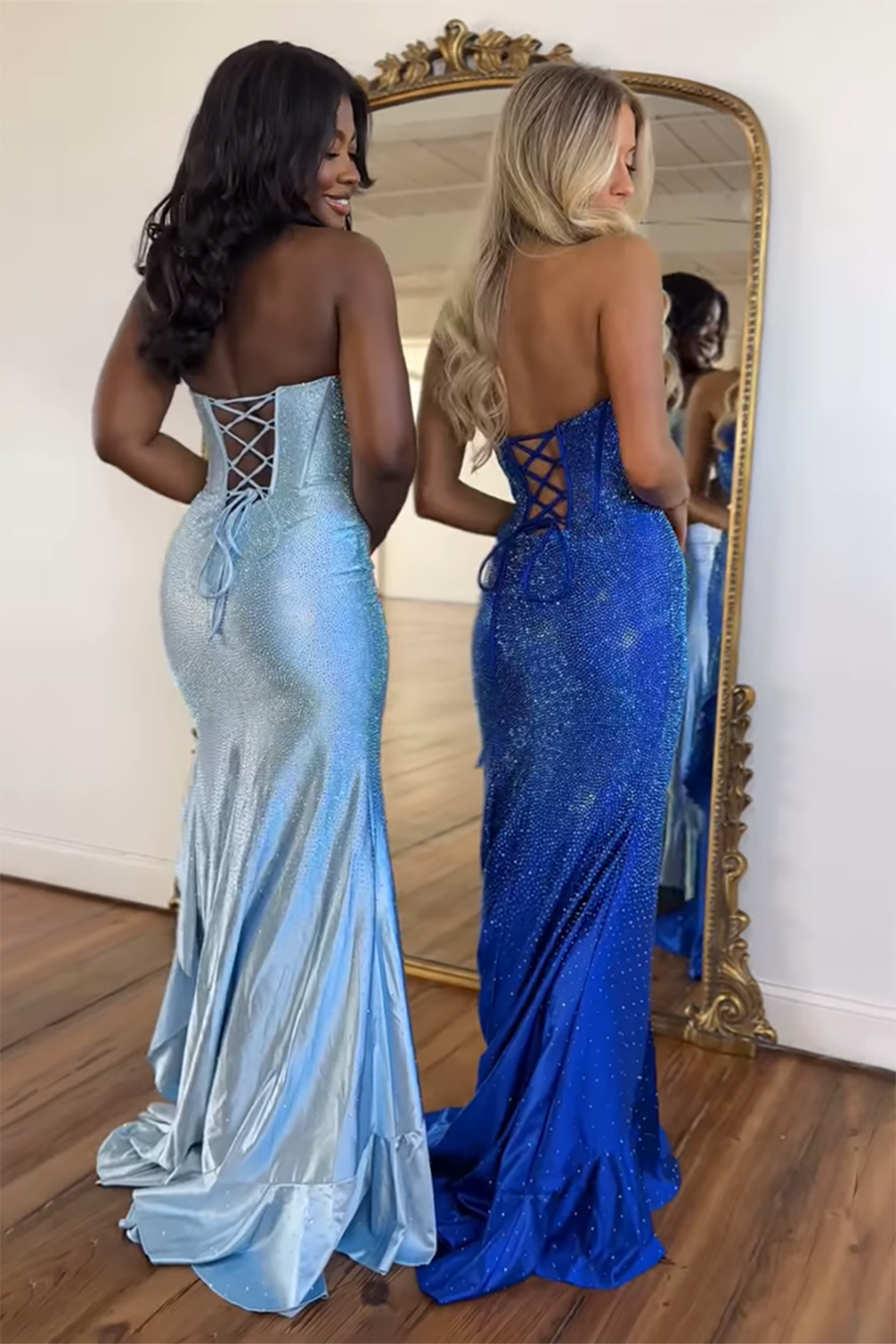 Strapless Sweetheart Beading Ruffle Mermaid Prom Dress Side Slit Lace-Up Back Floor Length
