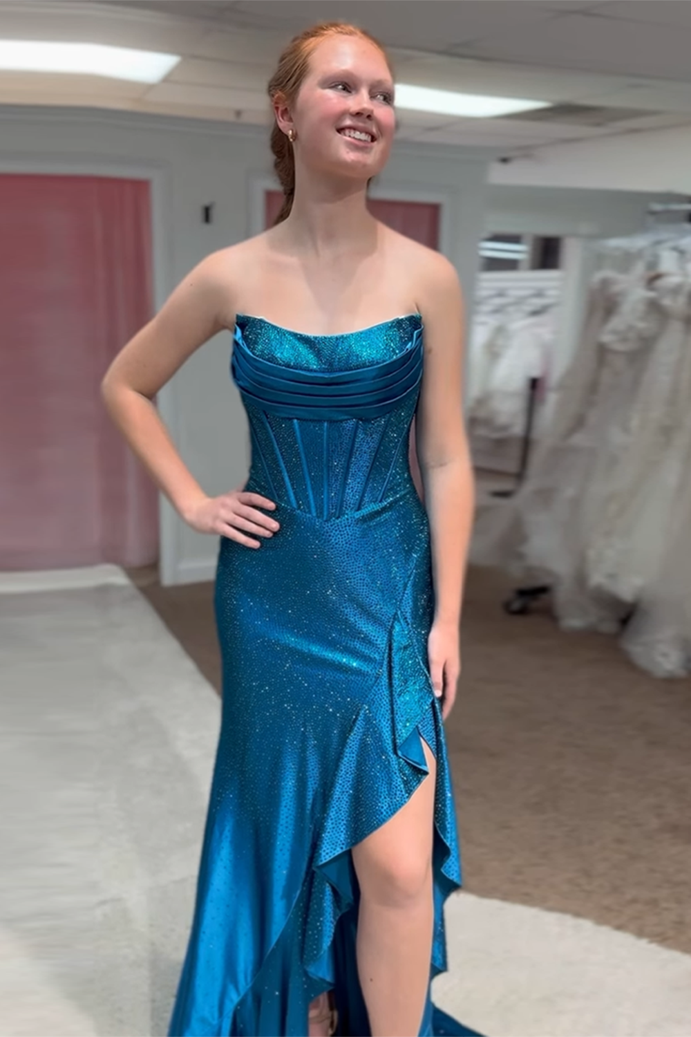 Strapless Sweetheart Beading Ruffle Mermaid Prom Dress Side Slit Lace-Up Back Floor Length