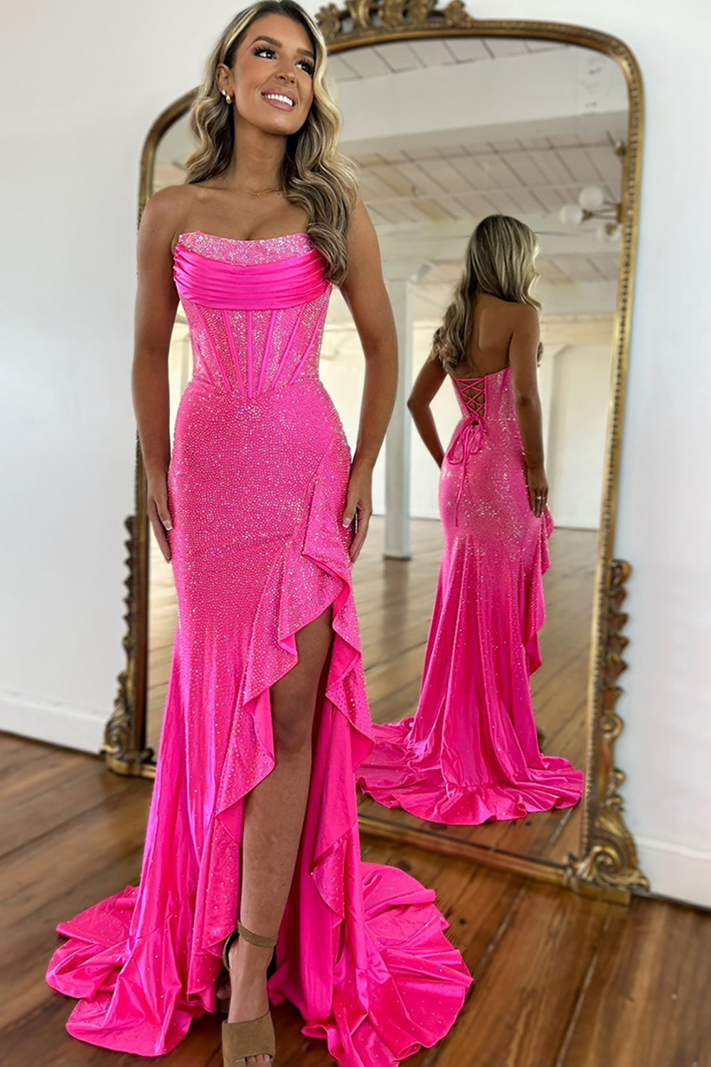 Strapless Sweetheart Beading Ruffle Mermaid Prom Dress Side Slit Lace-Up Back Floor Length