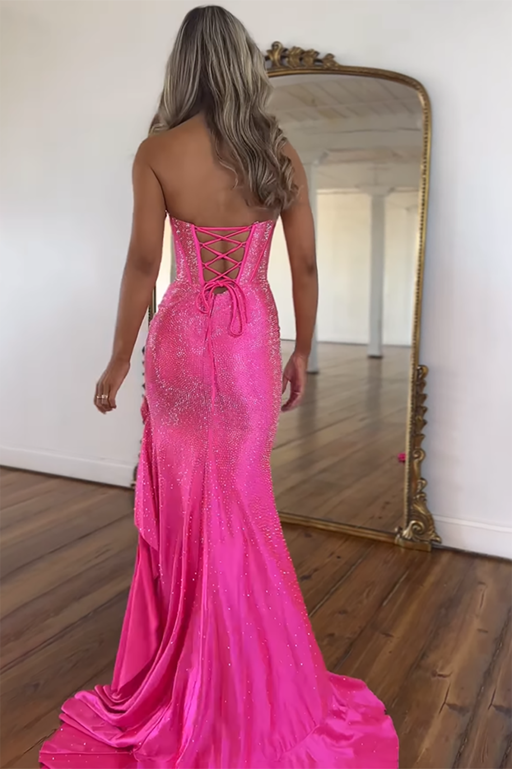 Strapless Sweetheart Beading Ruffle Mermaid Prom Dress Side Slit Lace-Up Back Floor Length
