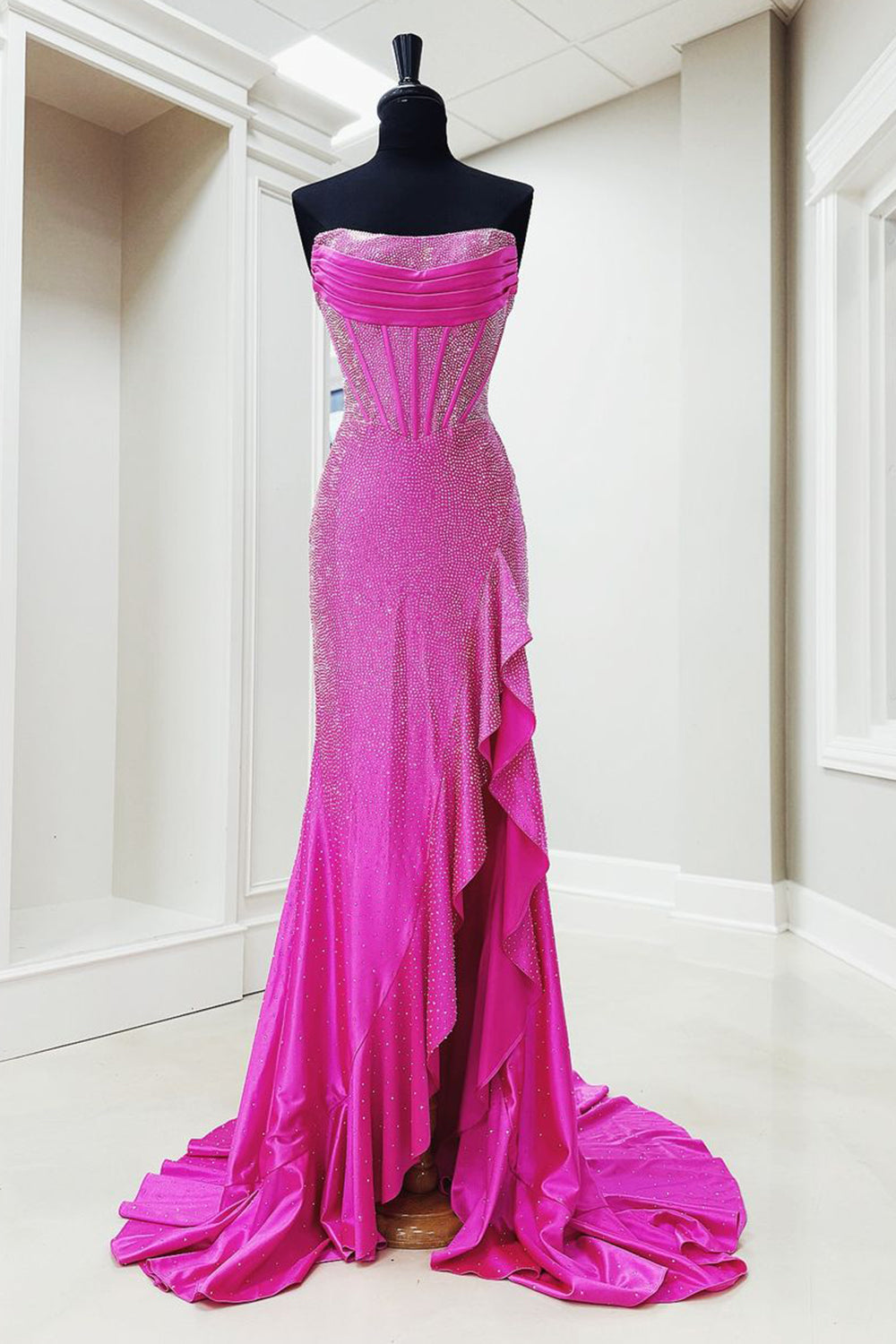 Strapless Sweetheart Beading Ruffle Mermaid Prom Dress Side Slit Lace-Up Back Floor Length