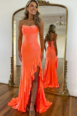 Strapless Sweetheart Beading Ruffle Mermaid Prom Dress Side Slit Lace-Up Back Floor Length