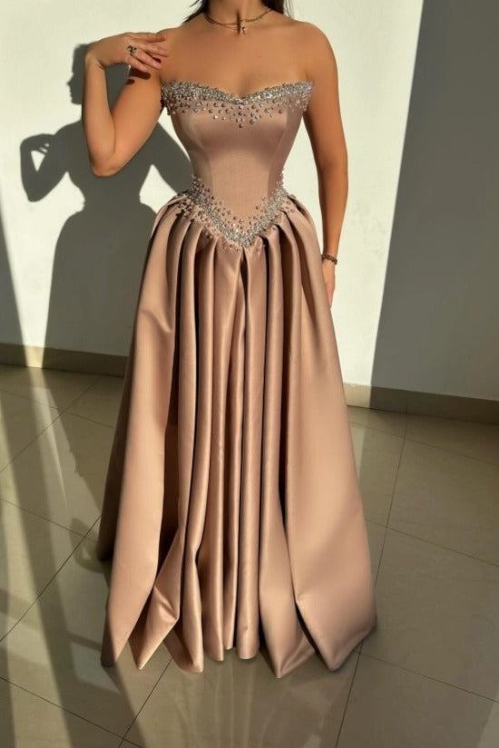 Strapless Sweetheart Crystal Pearl Double-Border Beaded Corset Pleated Satin A-Line Formal Evening Gown