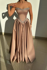 Strapless Sweetheart Crystal Pearl Double-Border Beaded Corset Pleated Satin A-Line Formal Evening Gown