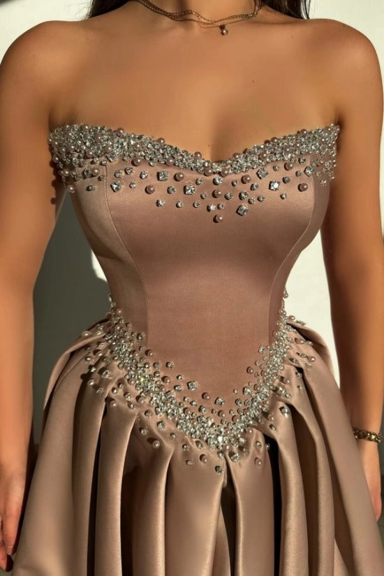 Strapless Sweetheart Crystal Pearl Double-Border Beaded Corset Pleated Satin A-Line Formal Evening Gown