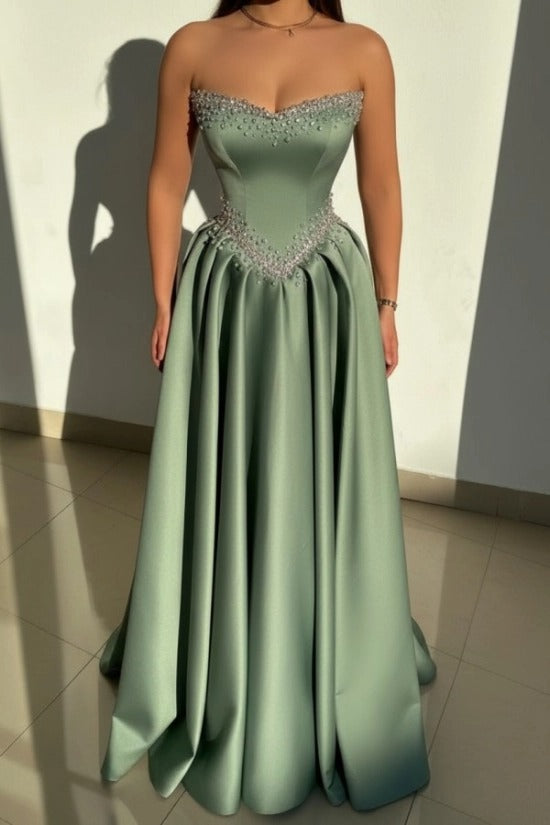 Strapless Sweetheart Crystal Pearl Double-Border Beaded Corset Pleated Satin A-Line Formal Evening Gown