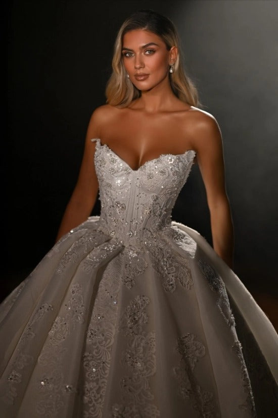 Strapless Sweetheart Crystal Sequin Lace Floral Appliqué Boned Corset Glitter Tulle Ball Gown Wedding Evening Dress Royal Cathedral Train