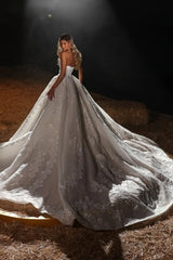 Strapless Sweetheart Crystal Sequin Lace Floral Appliqué Boned Corset Glitter Tulle Ball Gown Wedding Evening Dress Royal Cathedral Train