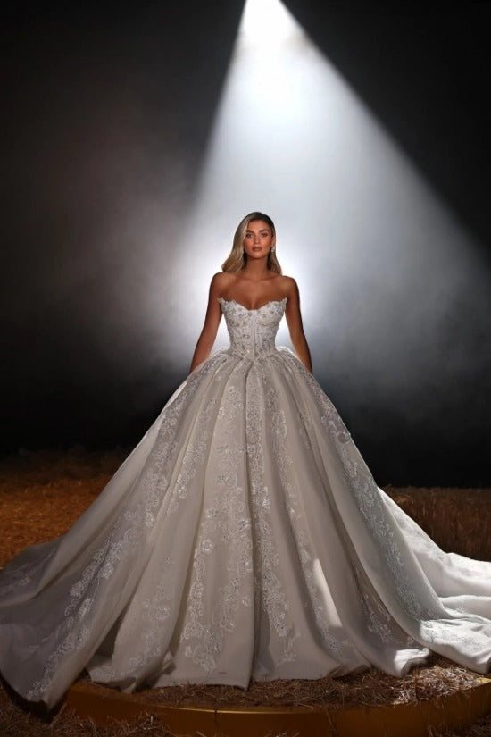 Strapless Sweetheart Crystal Sequin Lace Floral Appliqué Boned Corset Glitter Tulle Ball Gown Wedding Evening Dress Royal Cathedral Train