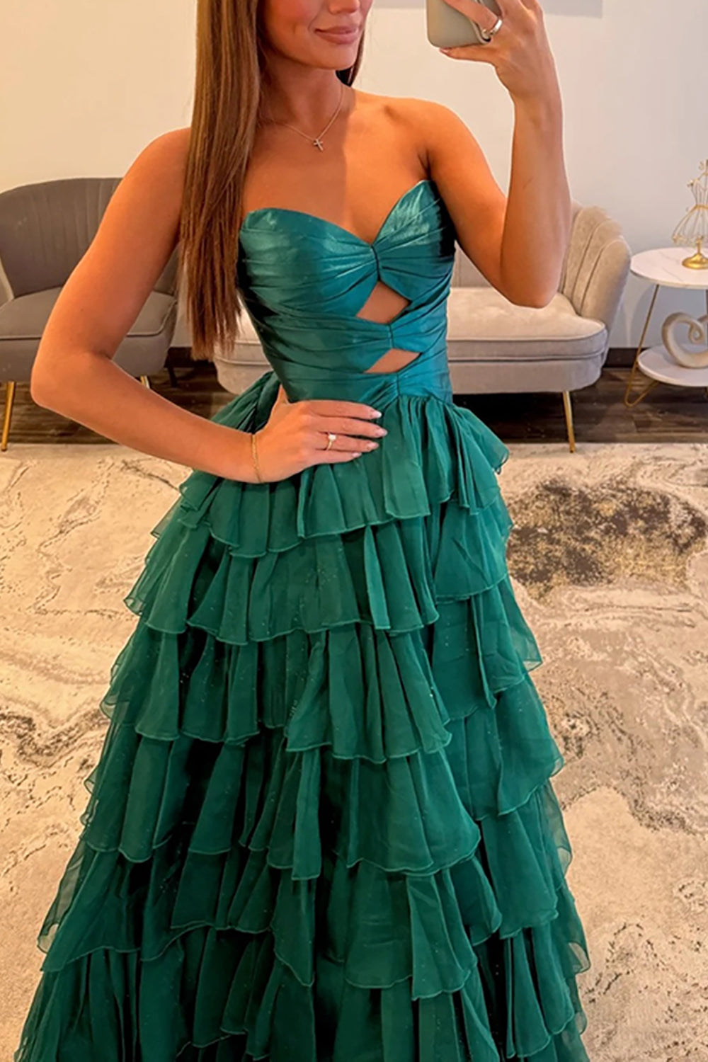 Strapless Sweetheart Cut-Out Tiered Ruffle Chiffon A-Line Prom Dress Lace-Up Back Floor Length