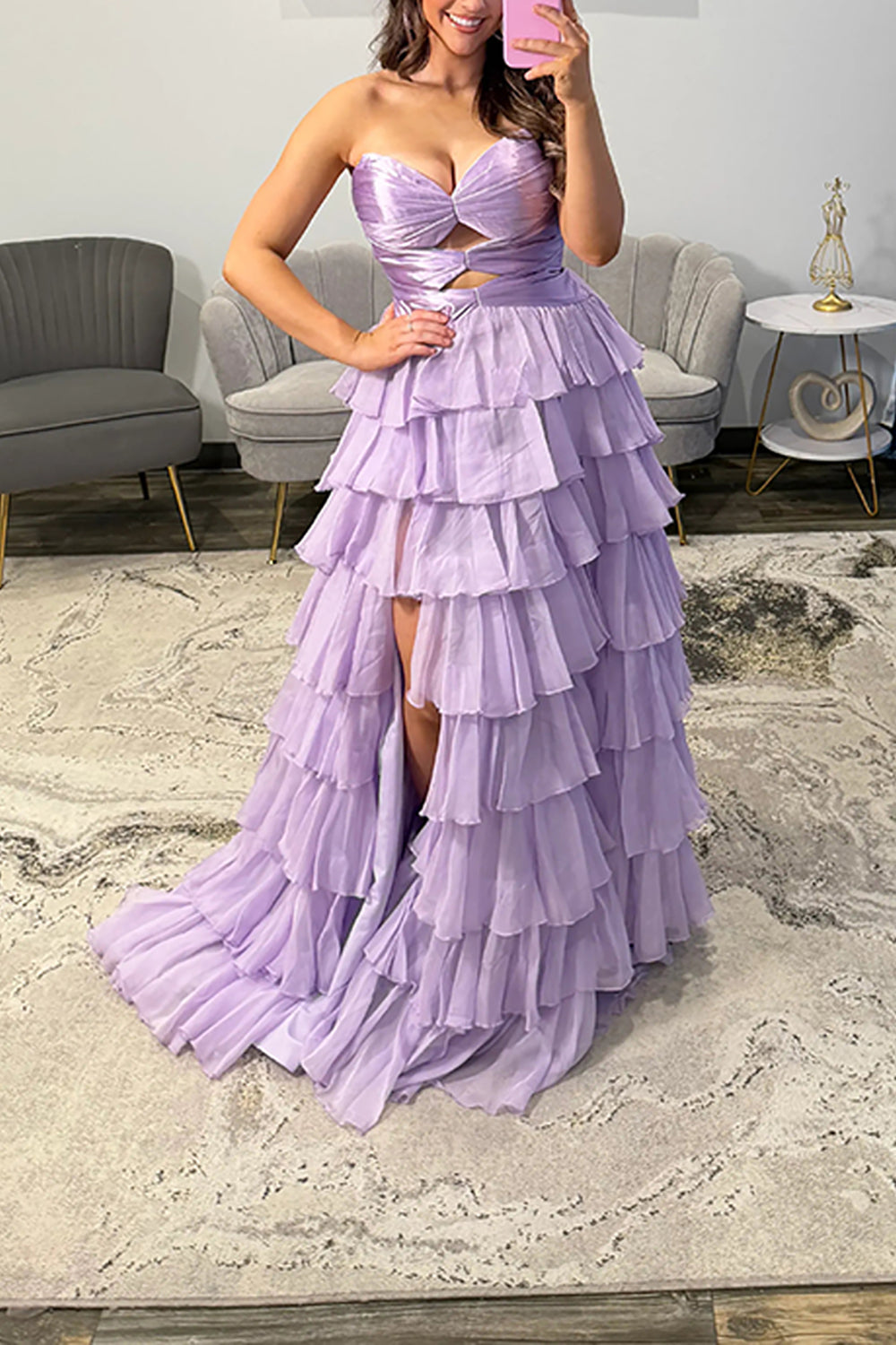Strapless Sweetheart Cut-Out Tiered Ruffle Chiffon A-Line Prom Dress Lace-Up Back Floor Length