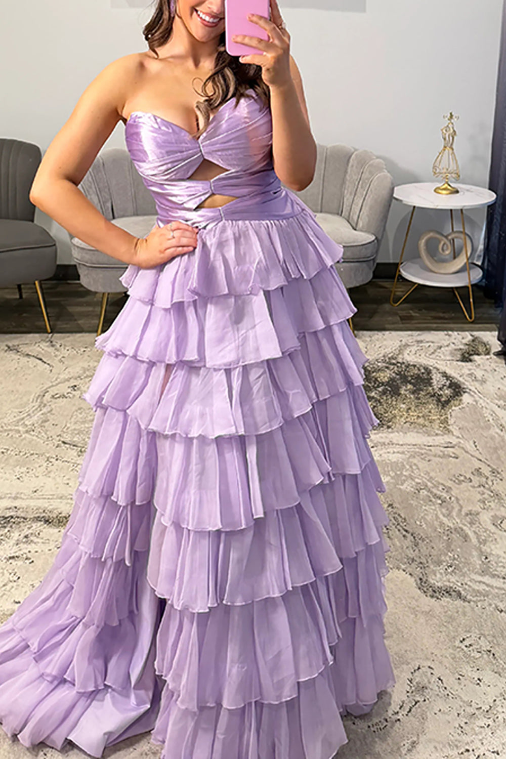 Strapless Sweetheart Cut-Out Tiered Ruffle Chiffon A-Line Prom Dress Lace-Up Back Floor Length