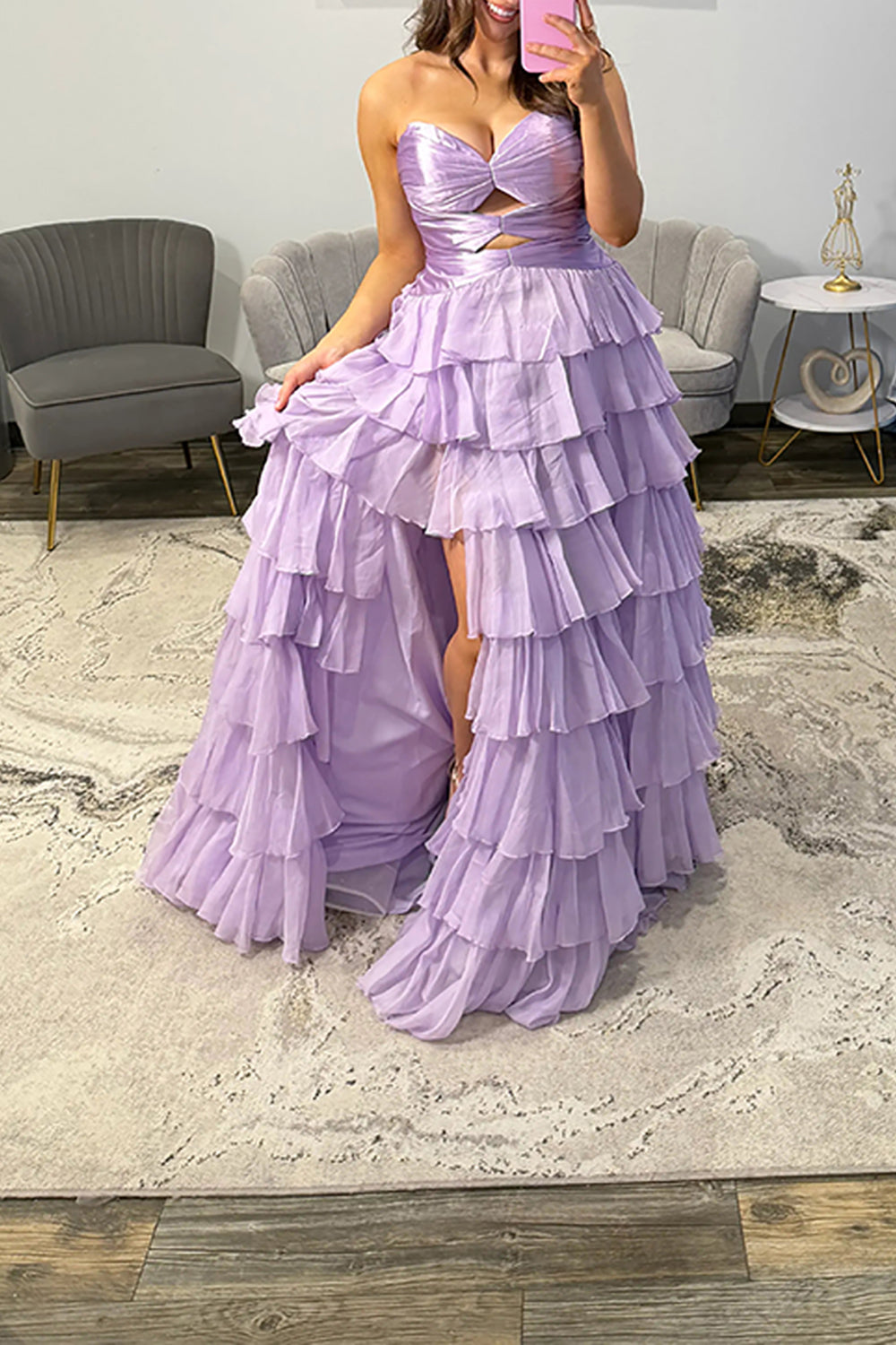 Strapless Sweetheart Cut-Out Tiered Ruffle Chiffon A-Line Prom Dress Lace-Up Back Floor Length
